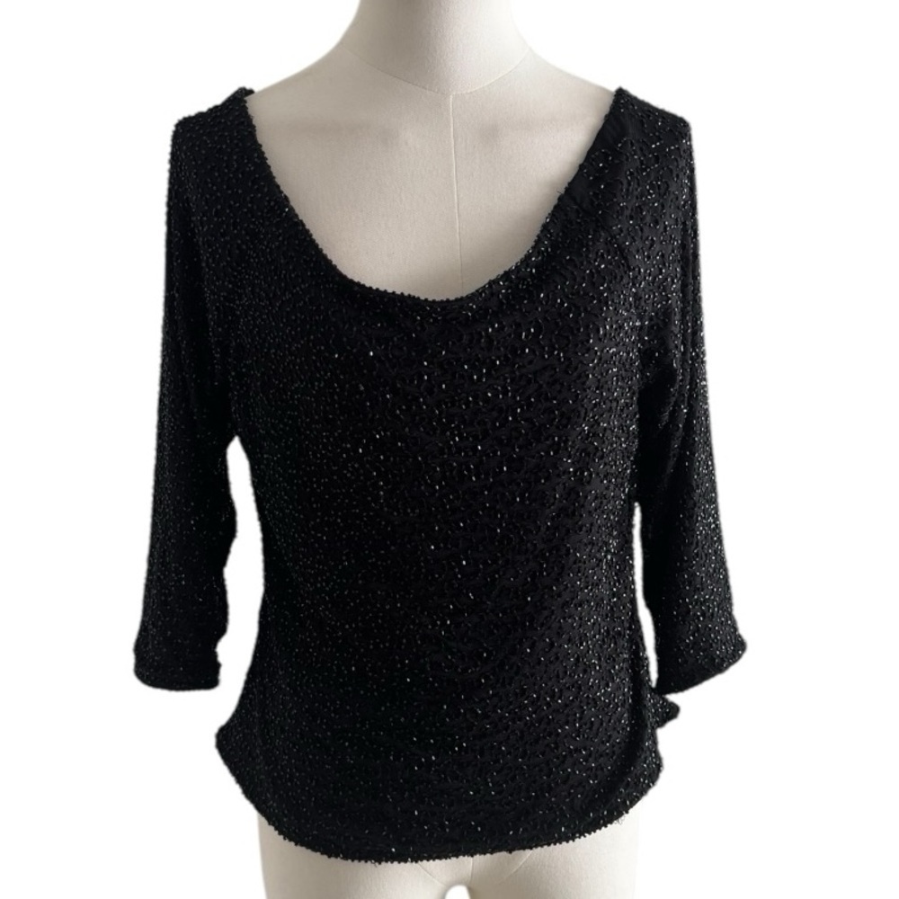 VINTAGE BRILLIANTE BY J.A. Black Beaded 3/4 Sleeve Top Shirt Event Party Tie L